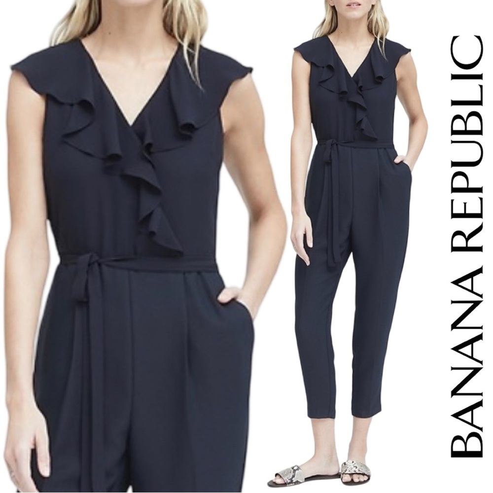 Banana Republic Women Ruffle V-Neck Cropped Jumpsuit Size 0 Navy Blue - Picture 17 of 17